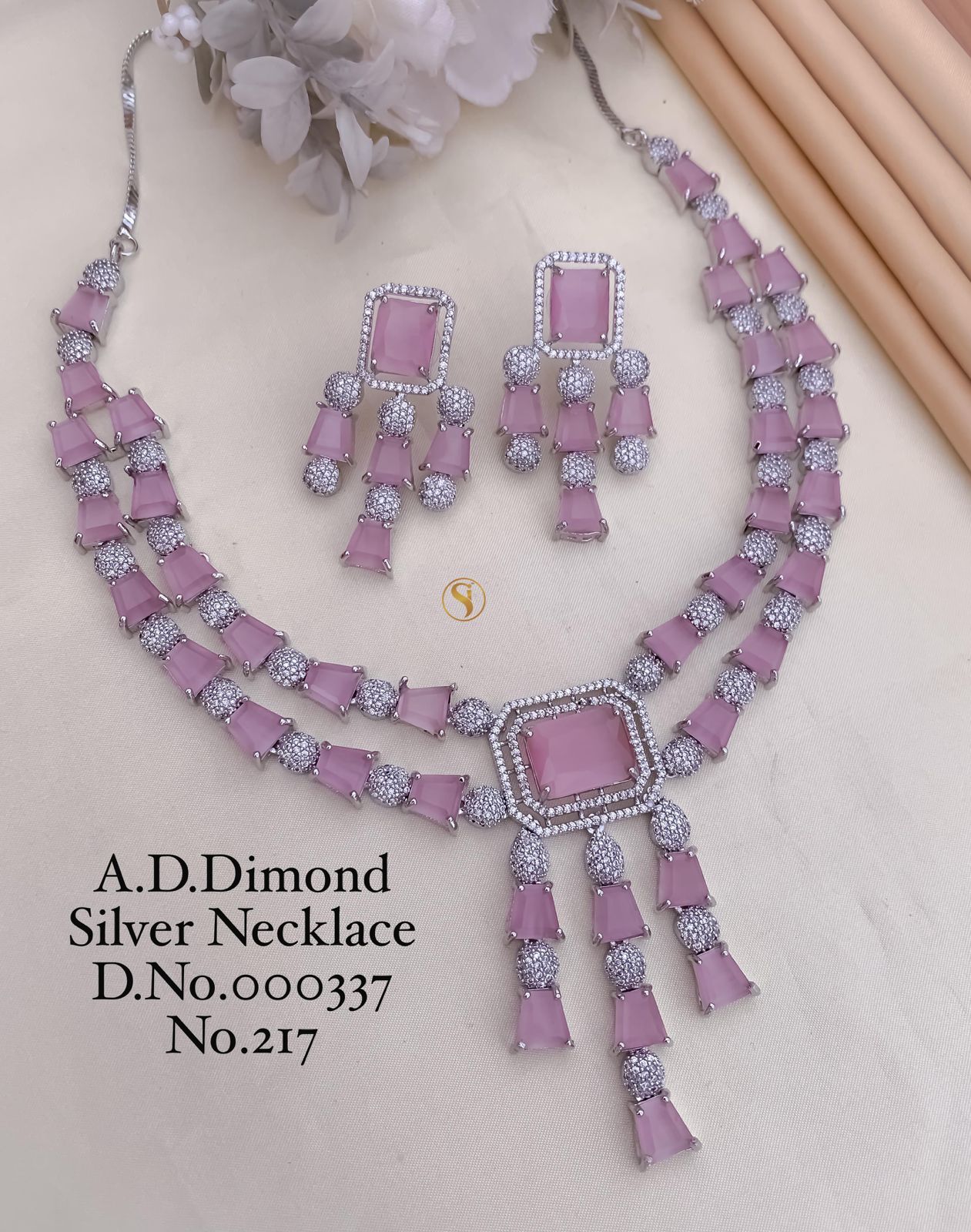 2170 AD Party Wear Designer Diamond Silver Necklace Set Wholesale Online
